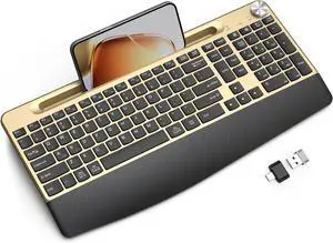 JOYACCESS Ergonomic Wireless Keyboard with Wrist Rest, Phone/Tablet Holder,Windows & Mac OS, 2.4 GHz Wireless, Full-Size,Quiet Keyboard Compatible for Laptop,PC, Mac, Windows -Black Glod