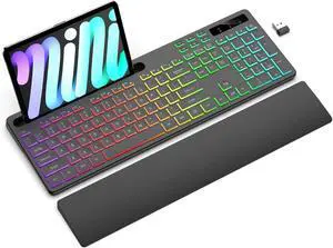 Wireless Keyboard with 7 Colors & 4 Modes RGB Backlit, Ergonomic Keyboard with Wrist Rest, Phone Tablet Holder, 2.4G Light Up Computer Keyboard with Numeric Keypad for Mac, Windows
