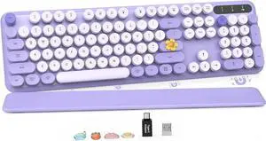 Wireless Keyboard, Round Keycaps, Retro Typewriter Keyboard with Detachable Wrist Rest, Sleep Mode, Foldable Legs, 2.4GHz Full-size Cordless Computer Keyboard for Windows/PC/Laptop (Colorful-Purple)