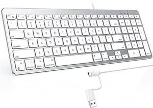 OMOTON Wired Keyboard Compatible with Mac, with Dual Interface (USB and Type-C), Numeric Keypad Compatible with MacBook Pro/Air, iMac, Mac mini/Pro Laptop, Silver