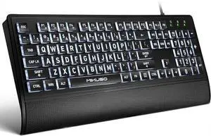 Large Print Backlit Computer Keyboards with Cover, Wired Keyboard White LED Illuminated, Wrist Rest,Numeric Keypad,Big Key USB Corded 104 Full Size.Easy to Read Type for Laptop, PC, Desktop