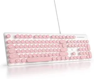 Full Size Pink Typewriter Keyboard, 104-Key Retro Punk Round Keycap with LED White Backlight, Silent Wired USB, Compatible with PC/Laptop/Computer