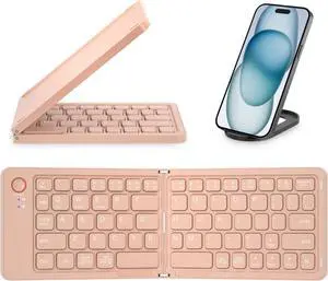 Mini Foldable Bluetooth Keyboard - Portable Wireless Full Size Keyboard (Sync Up to 3 Devices), Ultra-Slim Aluminum Travel Folding Keyboards for iPhone iPad Mac Android Windows iOS (Pink)