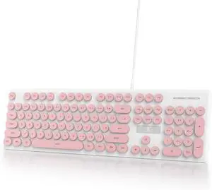 Wired Retro Computer Keyboard, Quiet Typewriter Keyboard, Pink Cute Keyboards Light up with Round Keycaps, LED Backlit,104-key for PC, Laptop(Pink)