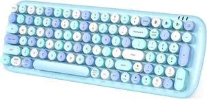 Wireless Bluetooth Keyboard, 100-Key Mini Bluetooth Typewriter Keyboards for Mac iPad iPhone PC Laptop & Android, 3 Devices Simultaneously, Colorful Retro Round Keycaps Keyboard (Blue)