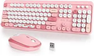 Typewriter Wireless Keyboard and Mouse Combo,2.4G Office 104 Keys Full Size Retro Punk Keyboard,Cute Pink Keyboard with Round Keycaps for Laptop PC Desktops(Bear Pink)