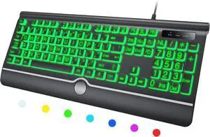 Backlit Large Print Keyboard, Wired Light Up Keyboards with 7-Color Backlit, Wrist Rest, Oversize Letters Keys Easy to See and Type, Corded Full-Size Keyboard for Windows Desktop, Laptop, PC, Gaming