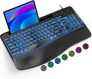 Ergonomic Backlit Computer Keyboards, USB Wired Lighted Keyboard with 7 Colors, Wrist Rest, Phone Holder, Wave Keys Design, Plug and Play for Windows, Laptop, PC, Desktop, Gaming