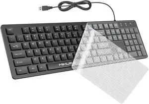 Wired Computers Keyboard with Cover Comfortable Hand Feel,Laser Engraved Characters,12 Multimedia Keys USB Interface Suitable for Laptop PC,Full Size 104 Keyboards, Plug and Play, Office