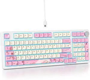 96% Wired Mechanical Gaming Keyboard,Gasket Structure RGB Backlit Keyboard,98 Key Hot Swappable Keyboard with Control Knob,NKRO Compact Keyboards with Number Pad for Win/Mac(98 Flower)