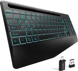 Hamile 2.4G&Bluetooth Wireless Keyboard - Light Up Keyboards with Wrist Rest - 8 Backlit Effects - Slim Rechargeable Silent with Holder for Windows, Mac, Black Hamile 2.4G&Bluetooth Wireless Keyboard - Light Up Keyboards with Wrist Rest - 8 Backlit Effects - Slim Rechargeable Silent with Holder for Windows, Mac, Black
