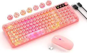 Pink Light Up Keyboard and Mouse Wireless,Cute 2.4Ghz Cordless Rechargeable Transparent Clear Backlit Keyboard,15 Backlight Effects,Volume Knob,RGB Mouse with 3 DPI for Mac Computer PC Laptop Desktop