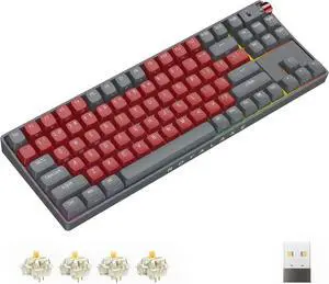 R87 Wireless Mechanical Keyboard, Hot Swappable Wired/2.4G Wireless/Bluetooth Keyboard with RGB Light for Windows & Mac, PBT Keycaps, G Pro 3.0 Yellow Switch, Night Crimson
