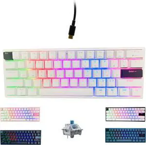 ONE-UP Portable 60% Mechanical Gaming Keyboard LED Backlit Compact 61 Keys Mini Wired Office Keyboard with Blue Switch PBT Keycaps for Windows Laptop PC Mac.White/Black