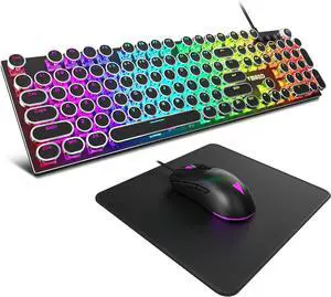 Typewriter Mechanical Gaming Keyboard and Mouse Combo, Rainbow RGB Backlit Wired Keyboards with Blue Switches Round Keycaps Media Control Knob for PC Computer