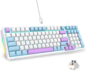 E-YOOSO Wired Mechanical Gaming Keyboard, Round PBT Keycaps, Custom Linear Switch Creamy Sound, Gasket Structure with Sound Dampening Foam, Cyan LED Backlit, RGB sidelit, 99 Keys, White/Blue