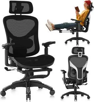 Ergonomic Office Chair, Mesh Desk Chair with Footrest, Adjustable Lumbar Support, 3D Armrest & Large Headrest, 3-Gear Tilt Recline, Stable Swivel Computer Gaming Chairs for Man Woman