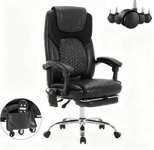Massage Office Chair with Heat and Footrest Reclining Desk Chair, Big and Tall Leather Computer Chair with Wheels, PU Executive Office Chair for Home, Gaming, Study, 300 lbs,Black