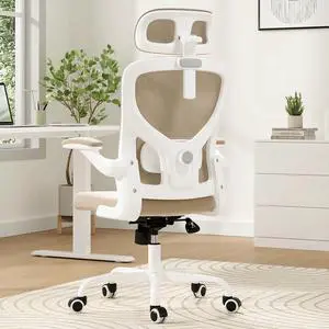 Soohow Ergonomic Office Chair, Office Mesh Desk Chair with Adjustable Lumbar Support Armrests, Comfy Computer Desk Chair with Headrest, for Home and Office, White & Khaki