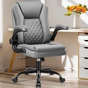 Office Chair, Executive Office Chair Leather Ergonomic Computer Desk Chair with Wheels Swivel Task Chair with Lumbar Support and Flip-up Armrests Gray