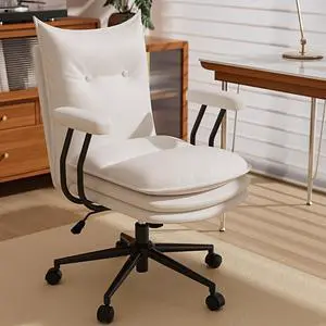 White Leather Office Chair with Wheels, Triple-Layers Thicken Wide Seat Height Adjustable, Mid Back, Comfy Desk Chair for Home, Office