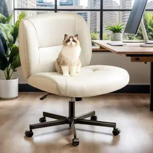 Marsail Criss Cross Chair with Wheels, Wide Mid-Back Comfy Armless Office Chair, Scratch-Resistant PVC Leather Cross Legged Desk Chair, Height Adjustable Vanity Computer Desk for Home Office