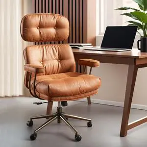 ovios Ergonomic Home Office Chair, Mid-Century Modern Faux Leather Chairs with Thickened Cushions, Comfy High Back Swivel Rolling Executive Computer Armchair (Brown, Suede Leather)