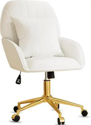 Home Office Desk Chair Comfy with Adjustable Swivel Wheels, Modern Velvet Makeup Vanity Chair with Back & Pillow, Ergonomic Office Chair Computer Task Chair for Living Room, Bedroom, White