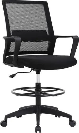 Drafting Chair Tall Office Chair Adjustable Swivel Rolling Mesh Height with Lumbar Support Arms Footrest Mid Back for Adults Standing Desk Drafting Stool (Black)