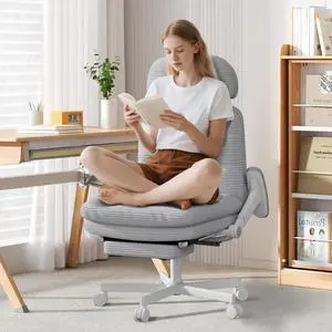 Criss Cross Chair with Wheels & Flip-up Arms, Executive Office Chair with Foot Rest, Swivel Cross Legged Office Chair, Corduroy Fabric Comfy Computer Desk Chair, Vanity Chair for Home, Grey