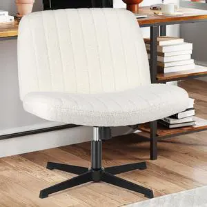 Sweetcrispy Criss Cross Chair Legged, Armless Office Swivel Desk Chair No Wheels, Vanity Height Adjustable Wide Seat Computer Task Seating - Teddy Cream
