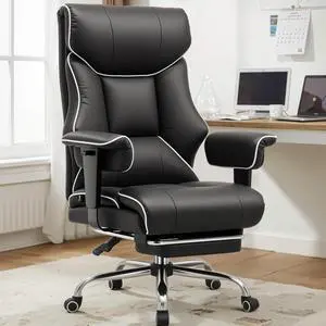 COMHOMA Big and Tall Office Chair 400lbs High Back Gaming Chair with Ergonomic Lumbar Support & Pocket Spring Cushion for Lower Back Pain Relief, Leather Executive Chair with Foot Rest, White/Black