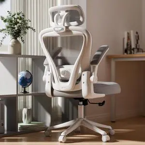 Computer Desk Chair, Ergonomic Office Chair M903 with Wheels, High Back Mesh Office Chair with Adjustable Lumbar Support, Headrest, Flip-Up Armrests, Withe Grey
