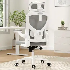 Soohow Ergonomic Office Chair, Office Mesh Desk Chair with Adjustable Lumbar Support Armrests, Comfy Computer Desk Chair with Headrest, for Home and Office, White & Grey