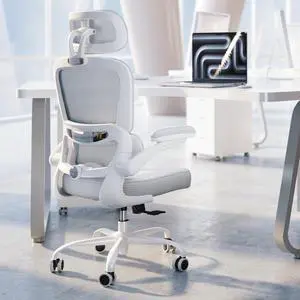 TRALT Ergonomic Office Chair - Desk Chair with Adjustable Headrest Lumbar Support Computer Chair - Mesh Comfy Chair with Flip-up Armrests - Gaming Chairs for Adults Home Office (Leather, White)