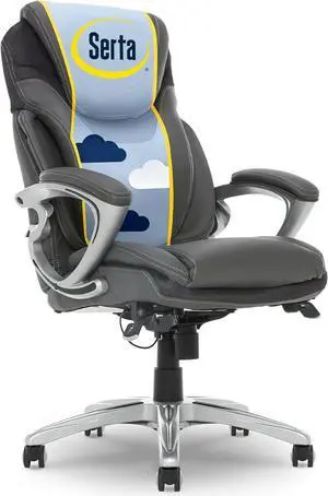Serta Bryce Executive Office Chair, Ergonomic Computer DeskChairs with Patented AIR Lumbar Support, Comfy Body Pillows, Height Adjustable, Swivel Base with Wheels, Bonded Leather, Gray
