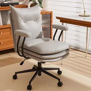 Grey Office Chair with Wheels,Triple-Layers Thicken Wide Seat Height Adjustable,Mid Back Computer Leather Desk Chair for Home,Office
