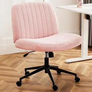 DUMOS Criss Cross Chair with Wheels, Legged Office Armless Wide Desk Seat with Dual-Purpose Base, Adjustable Swivel Teddy Fabric Task Vanity Home Bedroom, Pink