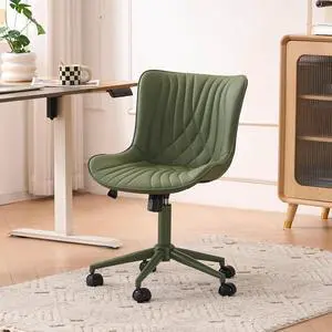 YOUTASTE Green Armless Office Chair, Modern Adjustable Swivel Desk Chair with Wheels, Upholstered PU Leather, Green Metal Legs, Back Support for Home Office, Study, Vanity, Bedroom