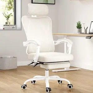 Farini Ergonomic Office Chair with Footrest, Mesh Office Desk Chair with Headrest, High Back Computer Chair with Adjustable Lumbar Support for Home Office Study Room Bedroom, White & White