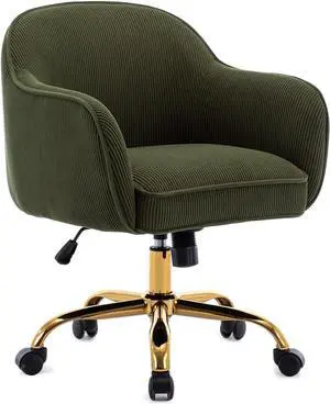 Home Office Desk Chair with Arms Gold Wheels Modern Velvet Upholstered Rolling Computer Chair Mid-Back Ergonomic Adjustable Swivel Vanity Chair for Bedroom Study Office, Green,Corduroy