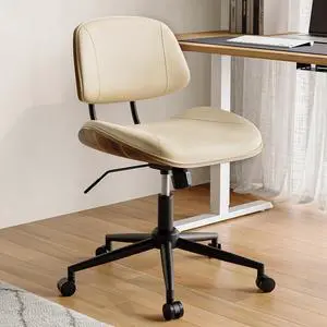 Armless Office Chair with Wheels, PU Leather Adjustable Height Desk Chair - 360° Swivel Ergonomic Computer Chair for Small Space, Modern Walnut Style, Home & Meeting Room, Beige
