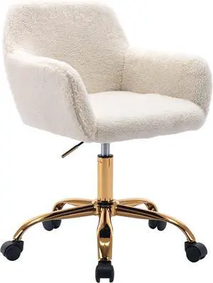 KCC Faux Fur Office Desk Chair, Comfy Swivel Armchair with Wheels, Upholstered Fuzzy Vanity Chair, Adjustable Height, White