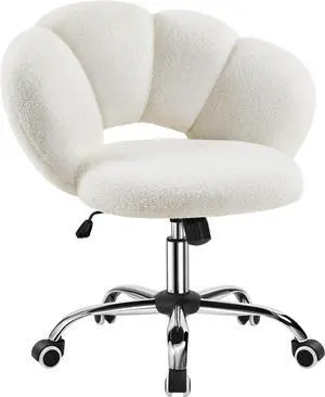Yaheetech Boucle Upholstered Desk Chair Cloud-Shaped Vanity Chair Adjustable Home Office Computer with Rolling Wheels for Living Room, Bedroom White