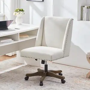 Armless Upholstered Office Chair with Wooden Legs, Modern Criss Cross Adjustable Home Office Desk Chair No Arms Sewing Chair Swivel Chair for Women Farmhouse Study Studio (Beige)