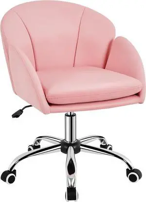 Yaheetech Cute Petal Desk Chair Home Office Chair Swivel Upholstered Leather Desk Chair Makeup Vanity Chair with Armrests for Bedroom Modern Computer Rolling Chair for Women Simple Pink