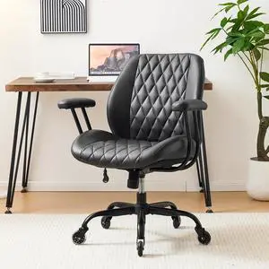 YFO Home Office Desk Chair Office Rubber Casters Ergonomic Computer Chair with Lumbar Support Adjustable Height Rolling Swivel Executive Task Armrests Chair Black PU