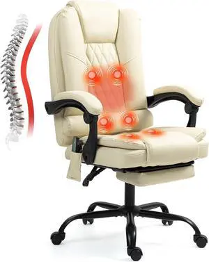 6-Point Heated Massage Office Chair with Footrest, Ergonomic Home Desk Chair with Lumbar Support, Executive High Back PU Leather Computer Chair with Armrest & Reclining, Beige