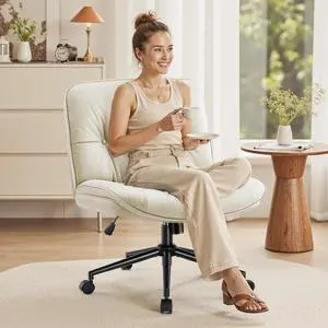 OLIXIS Criss Cross Chair with Wheels, Armless Wide Cross Legged Vanity Office Desk Chair with Comfy PU Leather& Back - Swivel for Home Office Bedroom, Beige