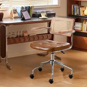 Zesthouse Modern Home Office Chair Leather Desk Chair with Natural Rattan Back, Vanity Chair for Girls Women, Upholstered Tufted Swivel Armchair, Height Adjustable Computer Task Chair